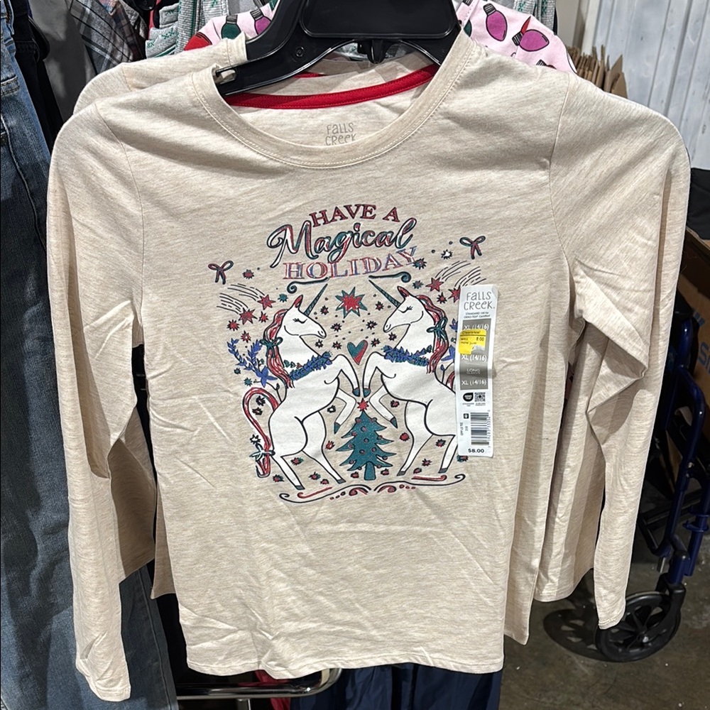 Falls Creek Kids Beige Unicorn Holiday Shirt
